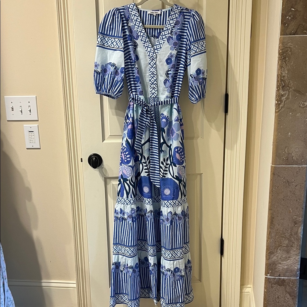CELINA MOON Blue and White Tiered Maxi Sundress